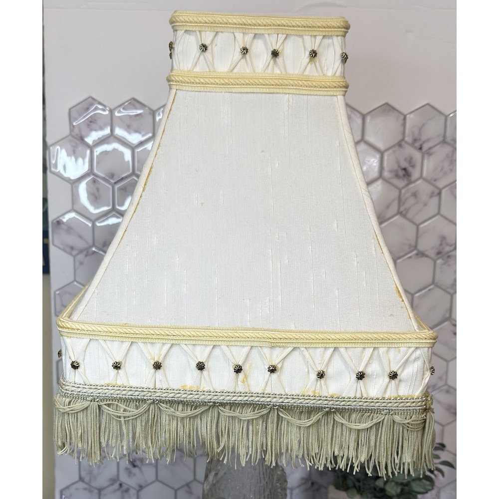 Vintage Ornate boudoir Empire Lampshade Cream Tufted Fringe 11" Tall - Picture 5 of 12